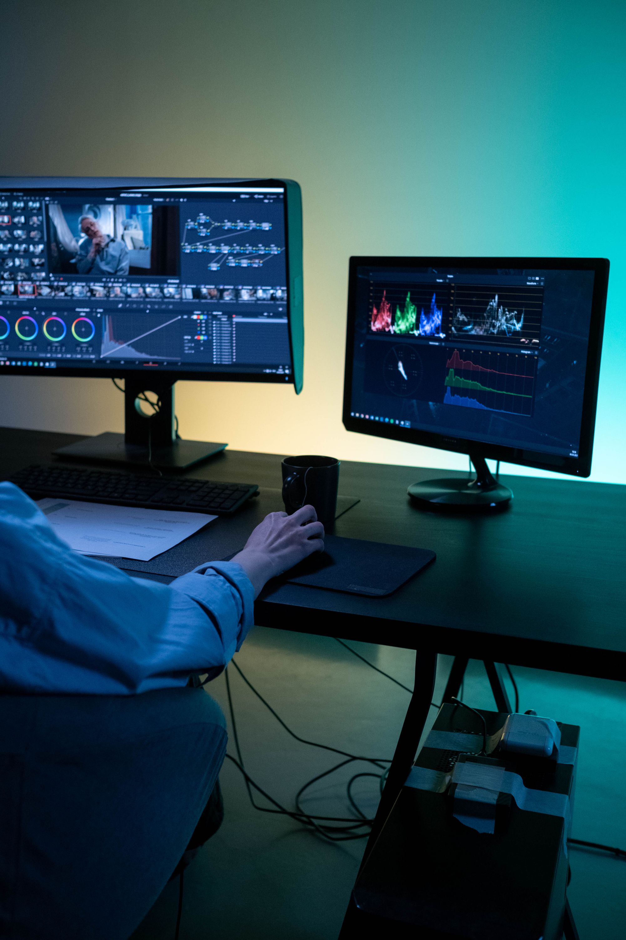An editor reviewing scopes and final media across dual monitors